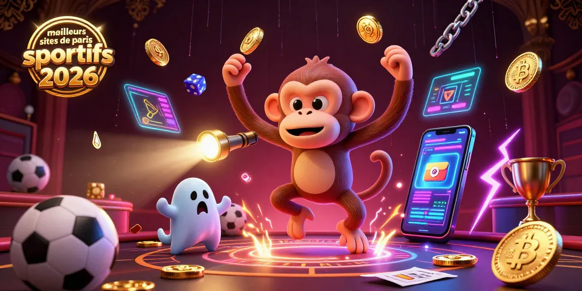 Illustration des meilleurs sites de paris sportifs 2026 avec un singe poltergeist et un chiot chasseur de fantômes