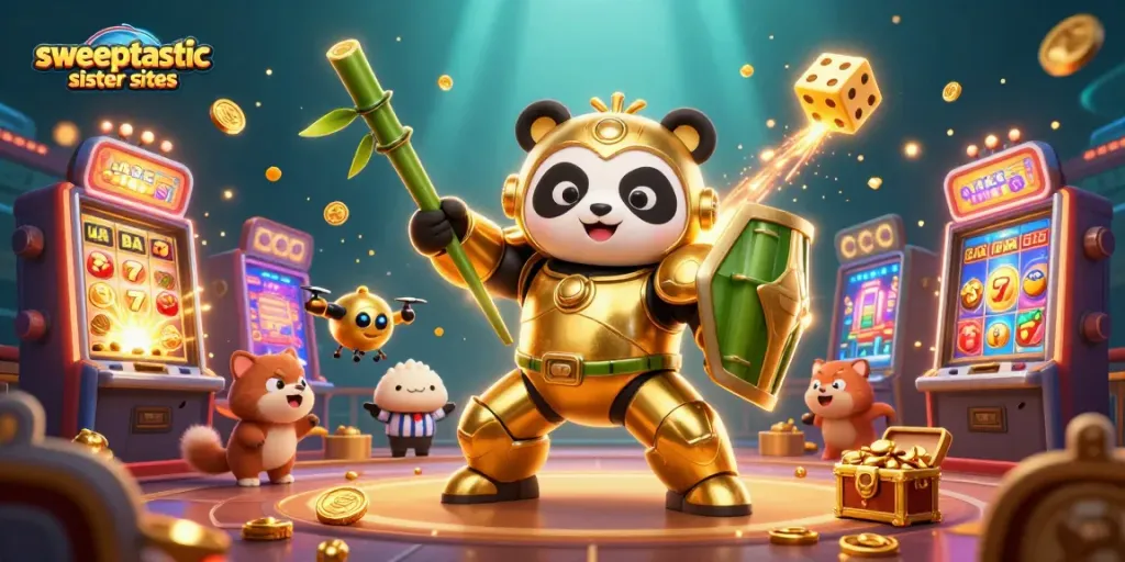 Experience the excitement of sweeptastic sister sites with a dynamic 3D casino illustration featuring a panda-themed robot.