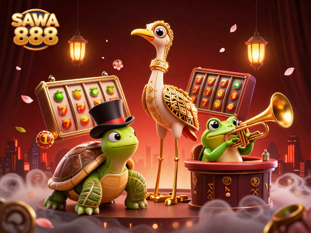 Engage with SAWA 888's vibrant 3D casino scene showcasing exciting slot elements and stunning characters.