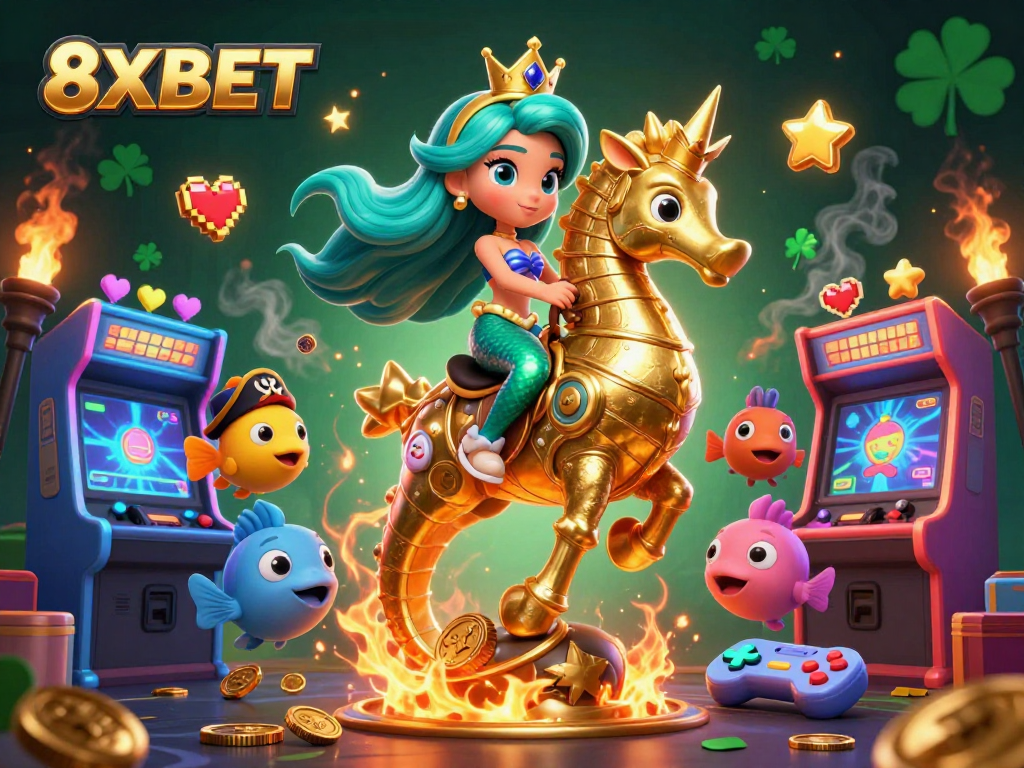 Experience thrilling gaming action with 8XBET featuring a magical mermaid and vibrant arcade elements.