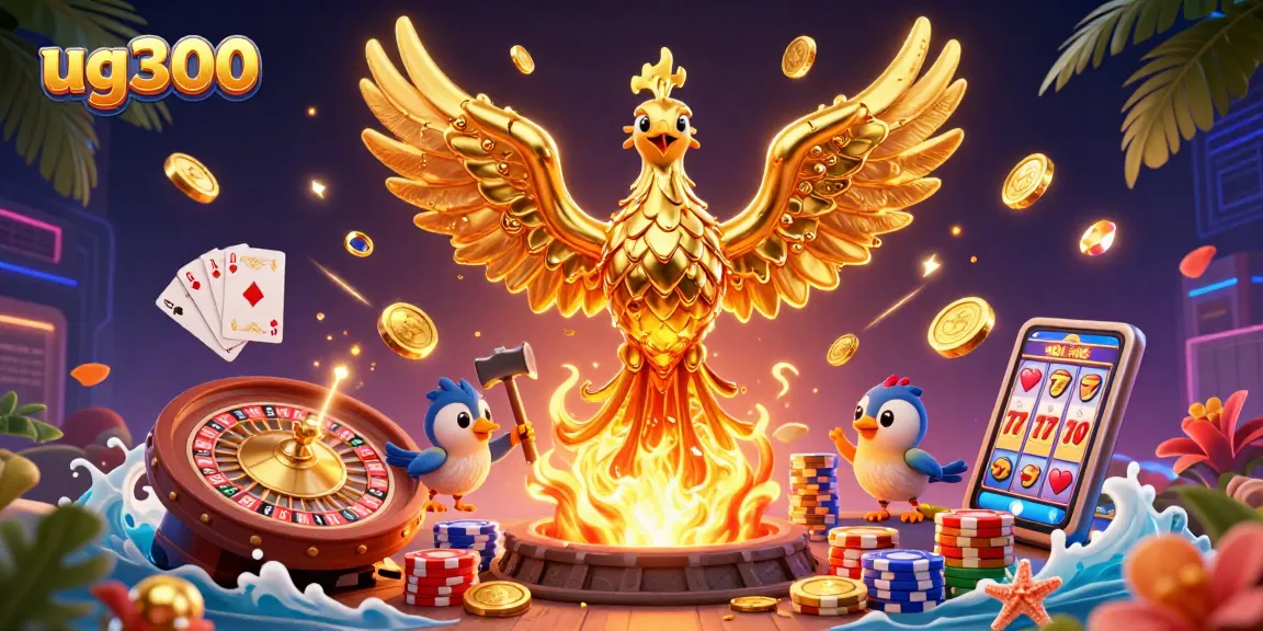 Permainan slot yang memikat di ug300 dengan phoenix emas dan koin yang bersinar melayang di udara.