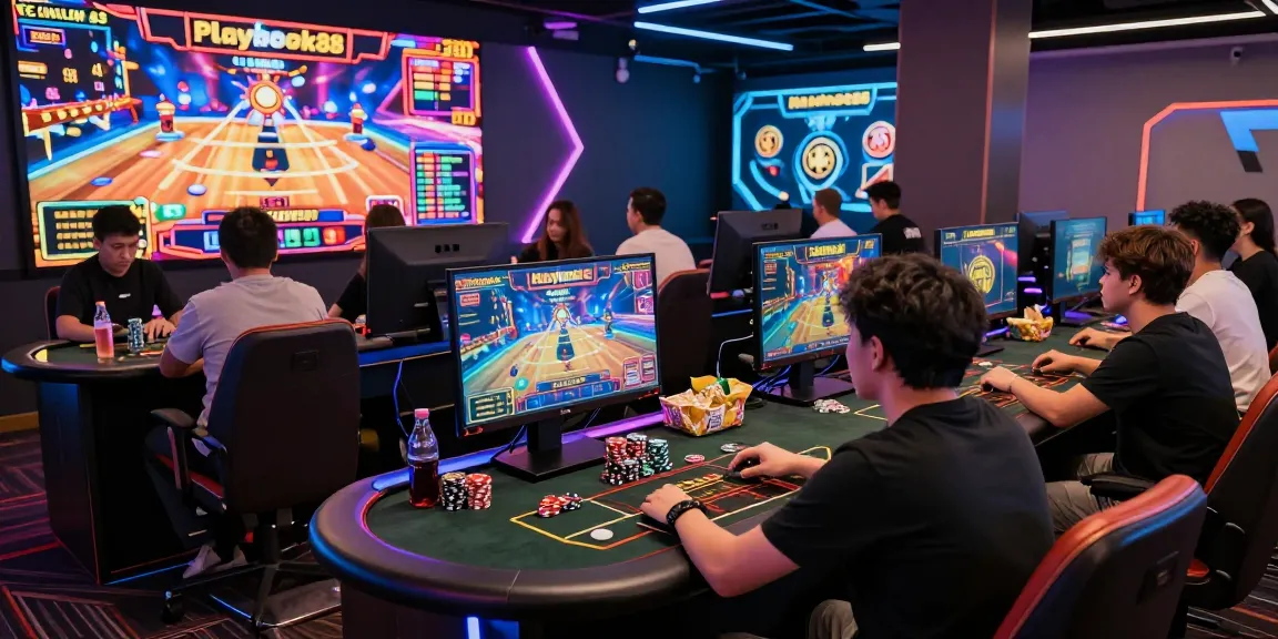 Engaged players at a Playbook88 gaming lounge enjoying dynamic slot games.