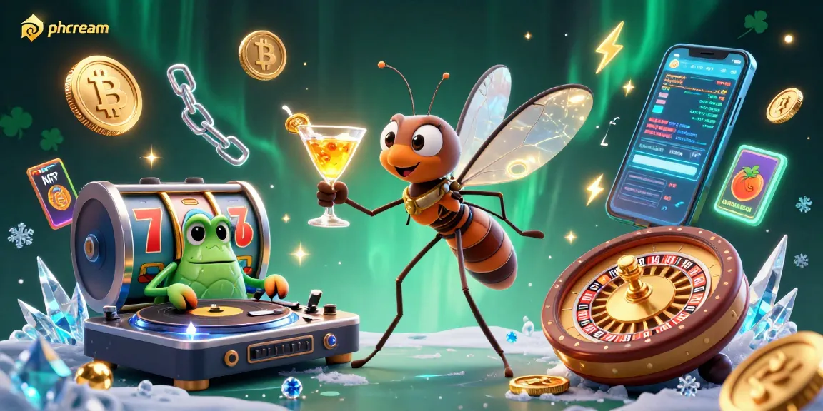 Join the adventure at phdream, where a frozen mosquito mascot mingles with a trilobite DJ and golden roulette wheel in a vibrant casino atmosphere.
