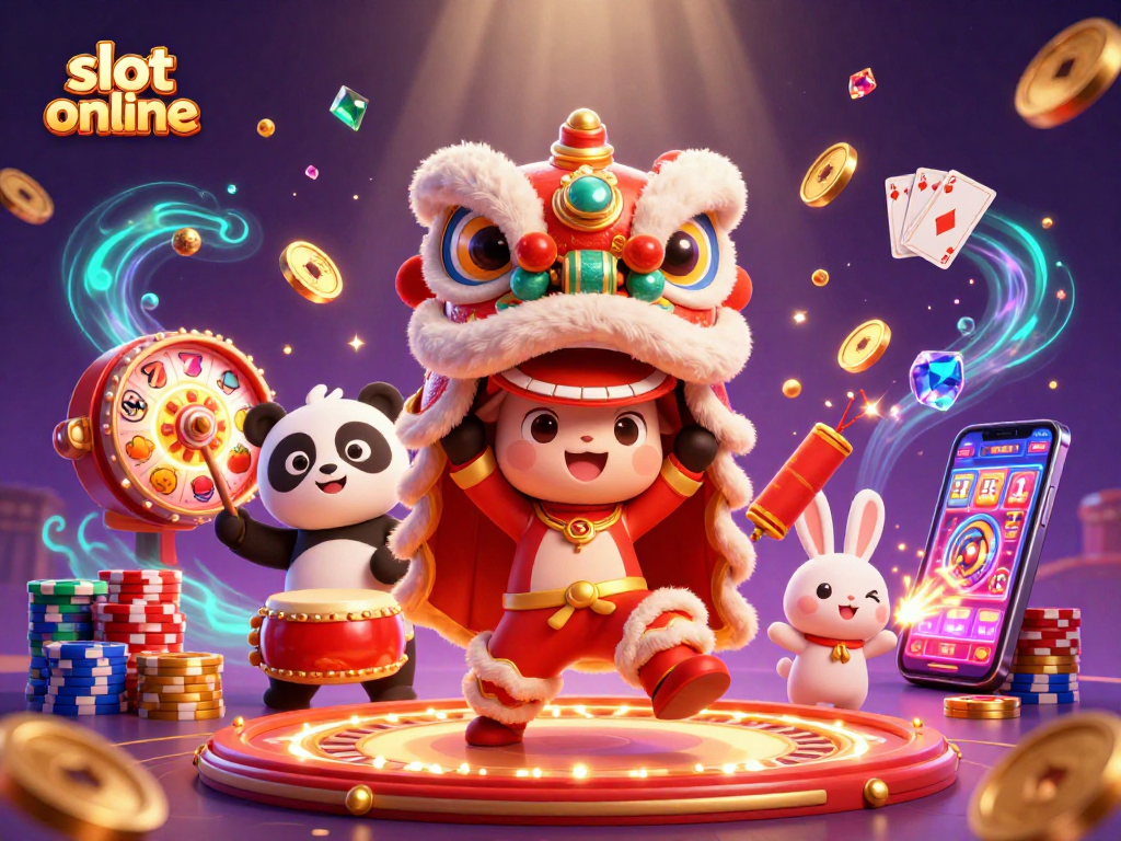 Experience the thrill of slot online with a festive lion dance scene and rich casino elements.