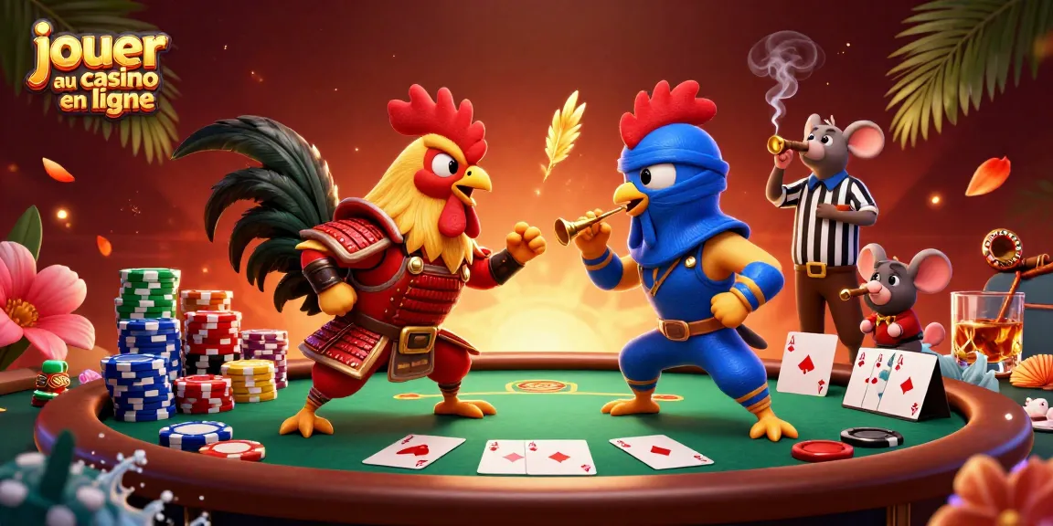 Jouer au casino en ligne avec des coqs illustrés en duel sur une table de poker animée.