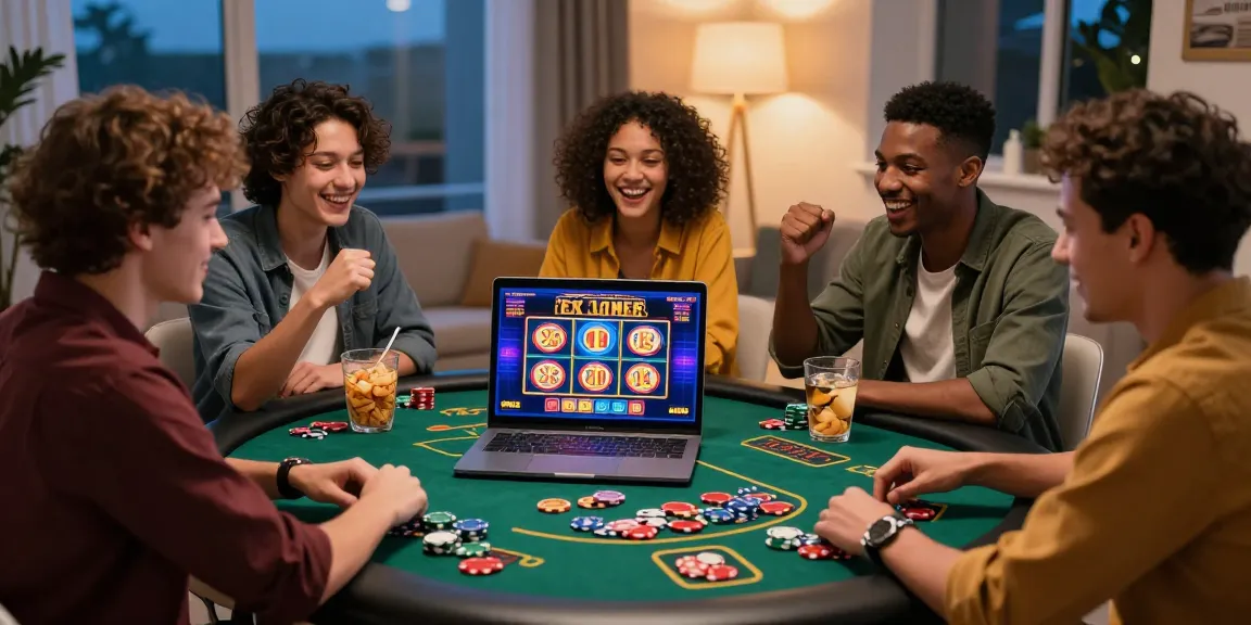 Amis enthousiastes profitant du casino en ligne ensemble dans une atmosphère animée avec des éléments de jeu.