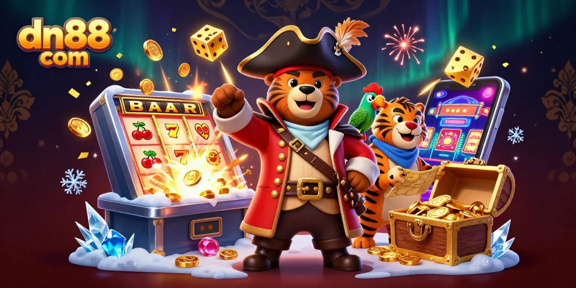 Experience thrilling jackpots with dn88 com: a lively casino scene with pirate and tiger, slot machines bursting with coins.