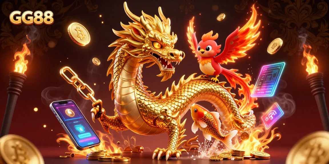 Deposit real money and win big at GG88, illustrated with a dynamic dragon and phoenix.