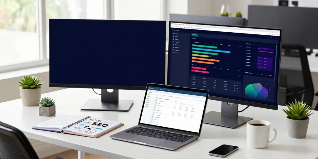 SEO specialist using instant indexing tools in a bright, modern workspace.
