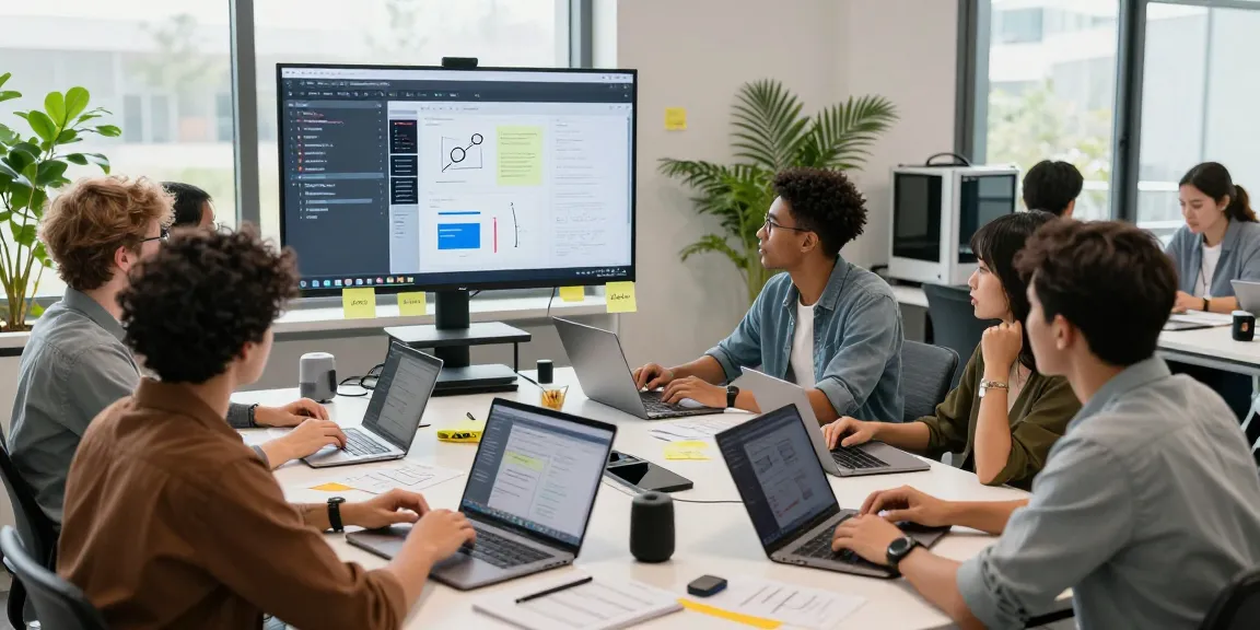 Kinetiq software developers collaborating in a modern workspace with high-tech gadgets and digital tools.