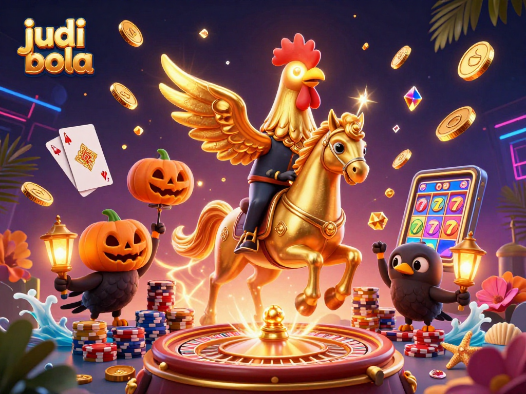Engage in judi bola with a vibrant 3D digital illustration featuring a golden rooster in a casino.