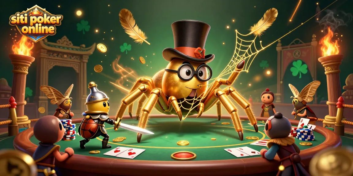 Il meraviglioso mondo dei siti poker online, con una tarantola d'oro e un cavaliere che si avvicina con spada, circondati da tavoli da poker e fiches.