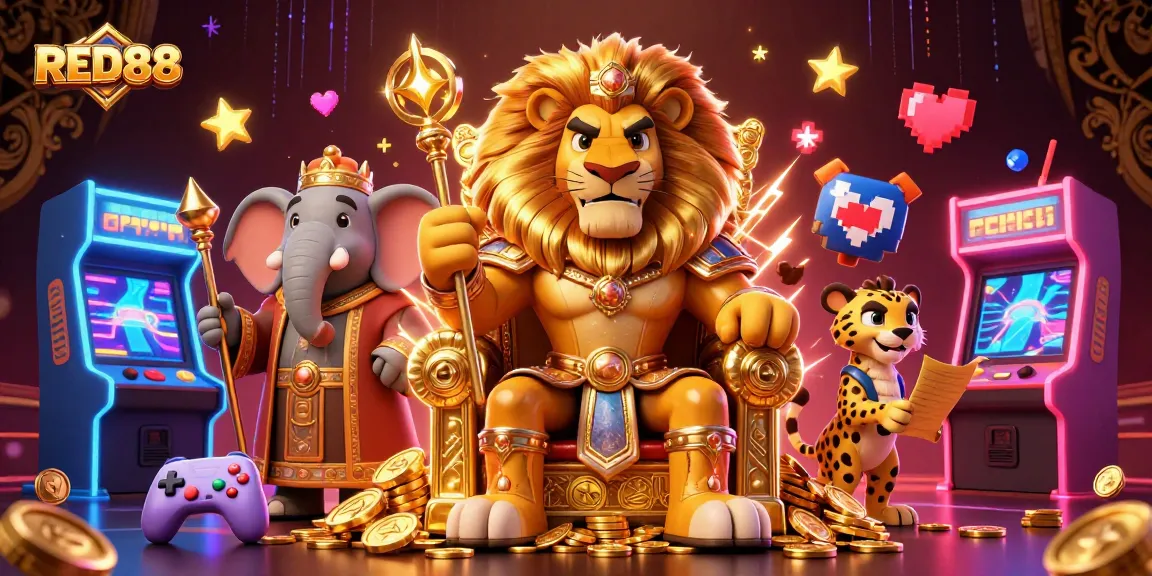 Experience thrilling gaming action with RED88 in this vibrant 3D casino illustration filled with excitement.
