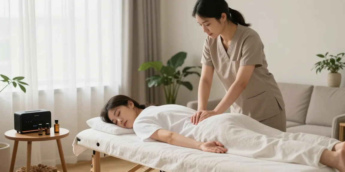 Relaxing home massage session showcasing 강동구출장안마 services in a serene living room.