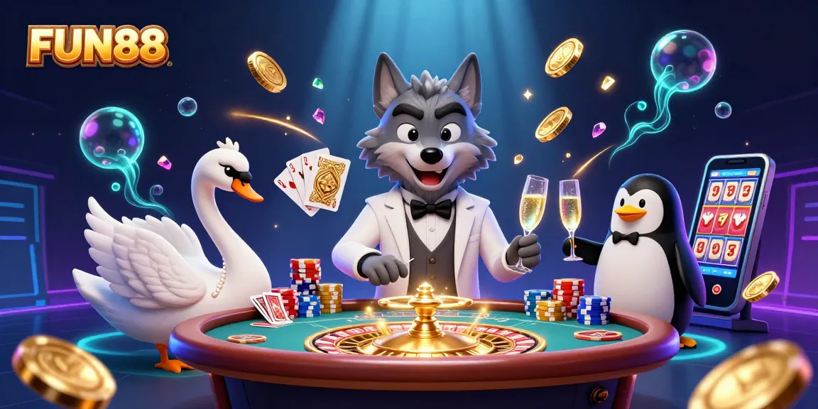 Bet on FUN88 at a vibrant baccarat game with luxury characters and dynamic casino elements.