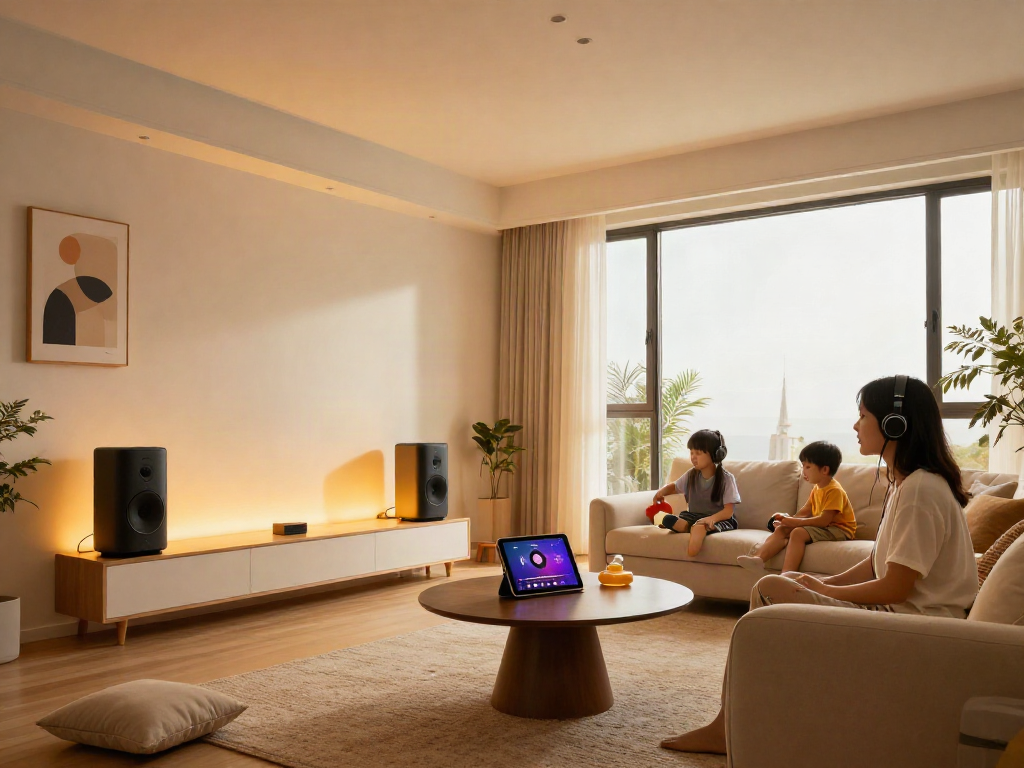 خرید اسپیکر سقفی in a modern living room setting with family enjoying music.