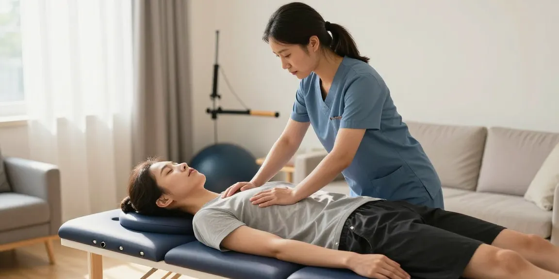 A patient receiving sports massage at home by a qualified therapist in a professional healthcare setting focused on wellness and recovery.