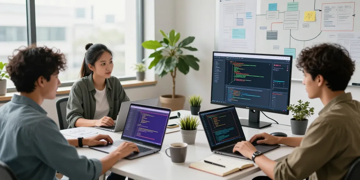 Developers collaborating at telegraimin.com workspace with vibrant code on screens in a modern office environment