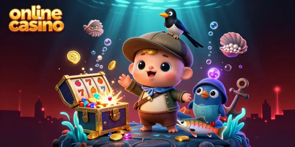 Engage in the thrilling world of online casino, featuring a playful Nessie with treasure and slot reels.