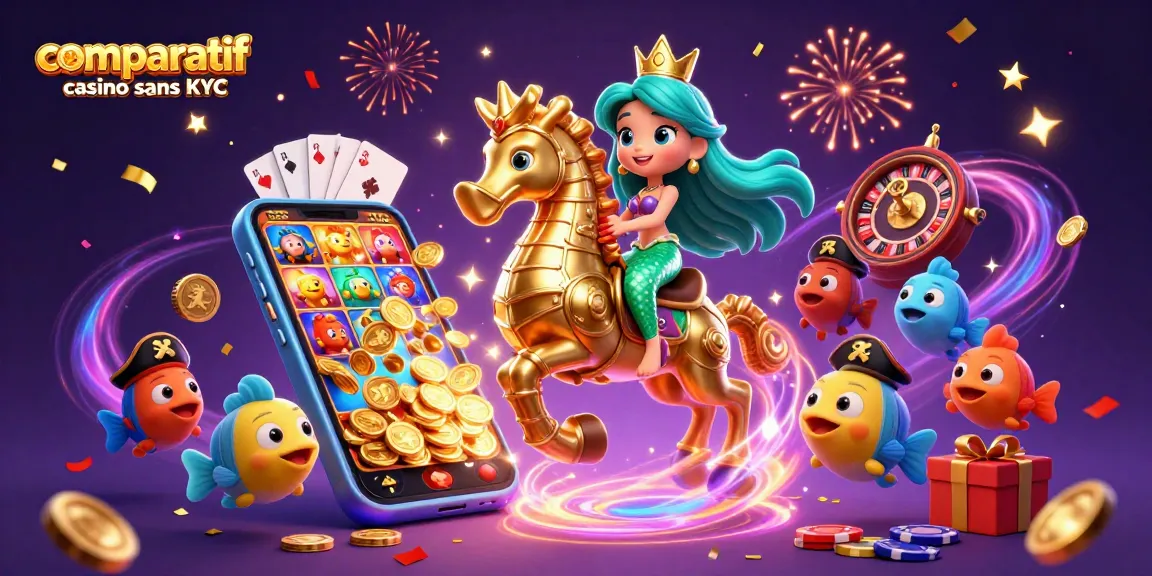 Comparatif casino sans KYC : illustration animée captivante de jeux de casino en ligne dynamique.
