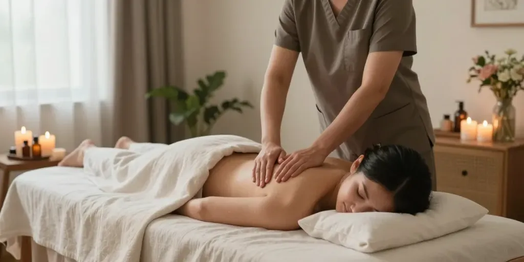Professional masseuse delivering 출장안마 in a tranquil home setting.