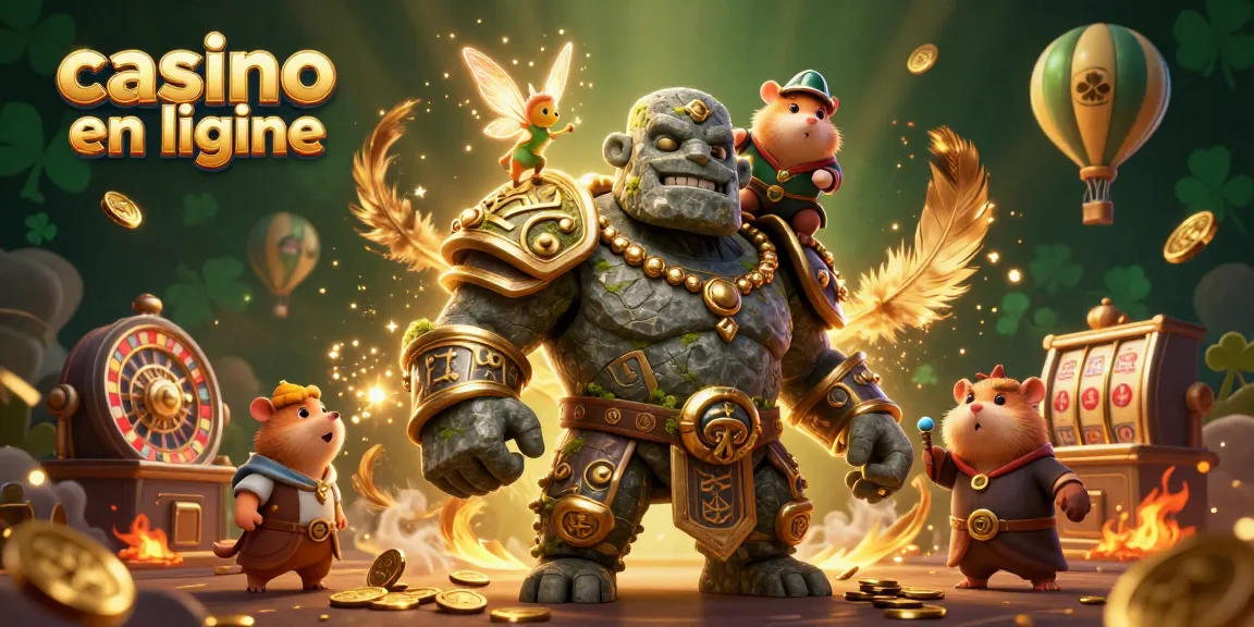 Jouez sur un casino en ligne avec notre illustration d'un golem, une fée et un hamster chevalier.