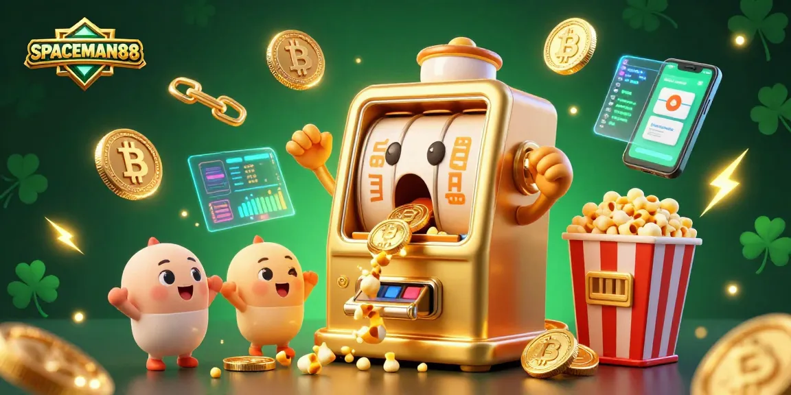 SPACEMAN88 slot machine celebrates winning jackpot as coins fall, surrounded by cryptocurrency elements and vibrant visuals.