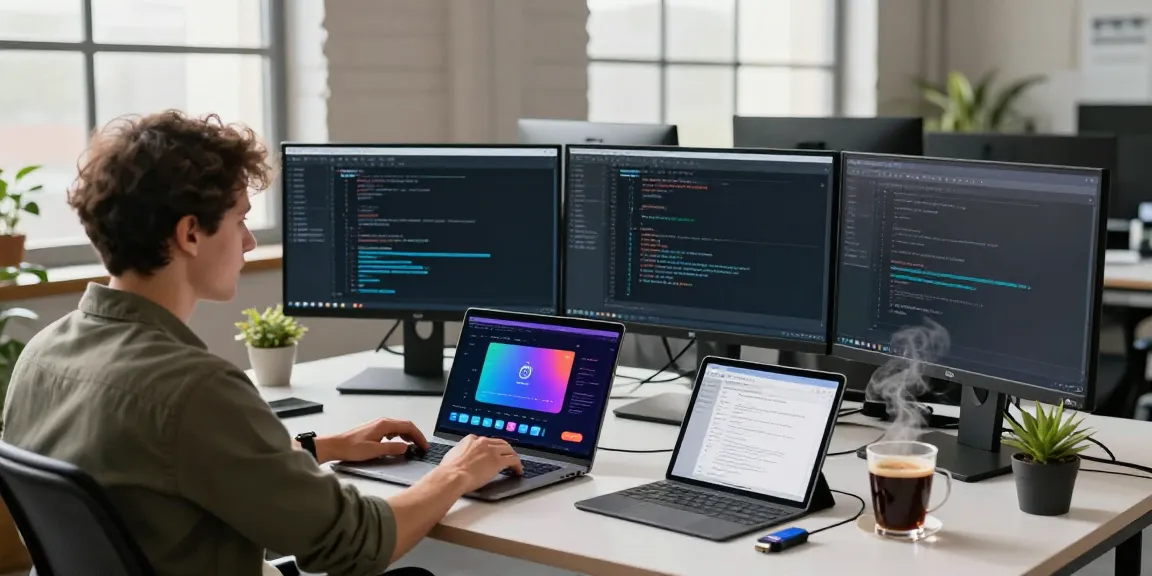 Open-source app development workspace with h5.2113.net APKs on screens.