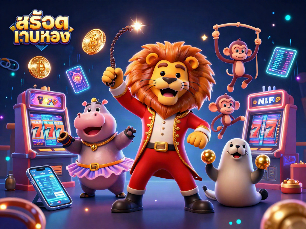 Spin the reels at สล็อตเว็บตรง with cartoon characters, slot machines, and crypto elements enhancing excitement.
