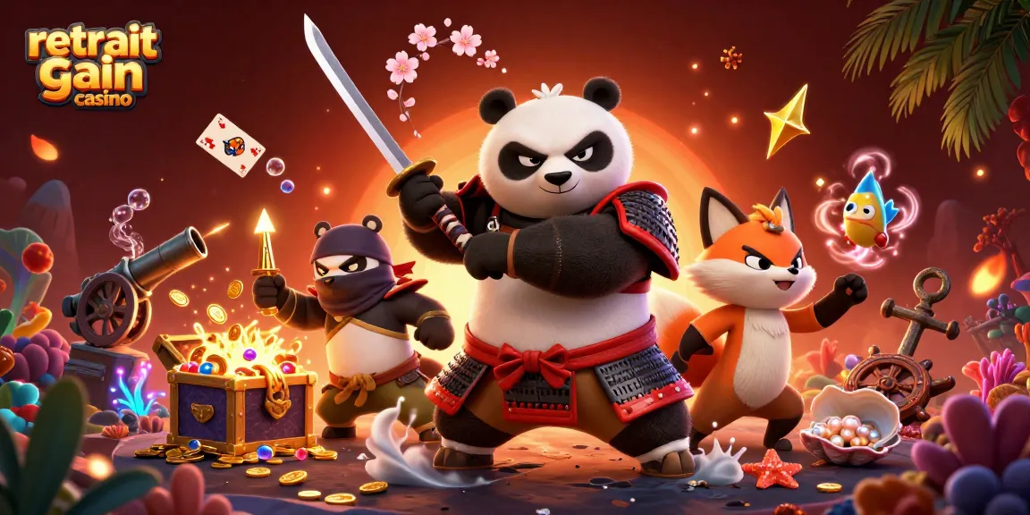 Retrait gain casino : illustration dynamique avec panda samouraï et renard ninja, décorée de jeux et pièces d'or.