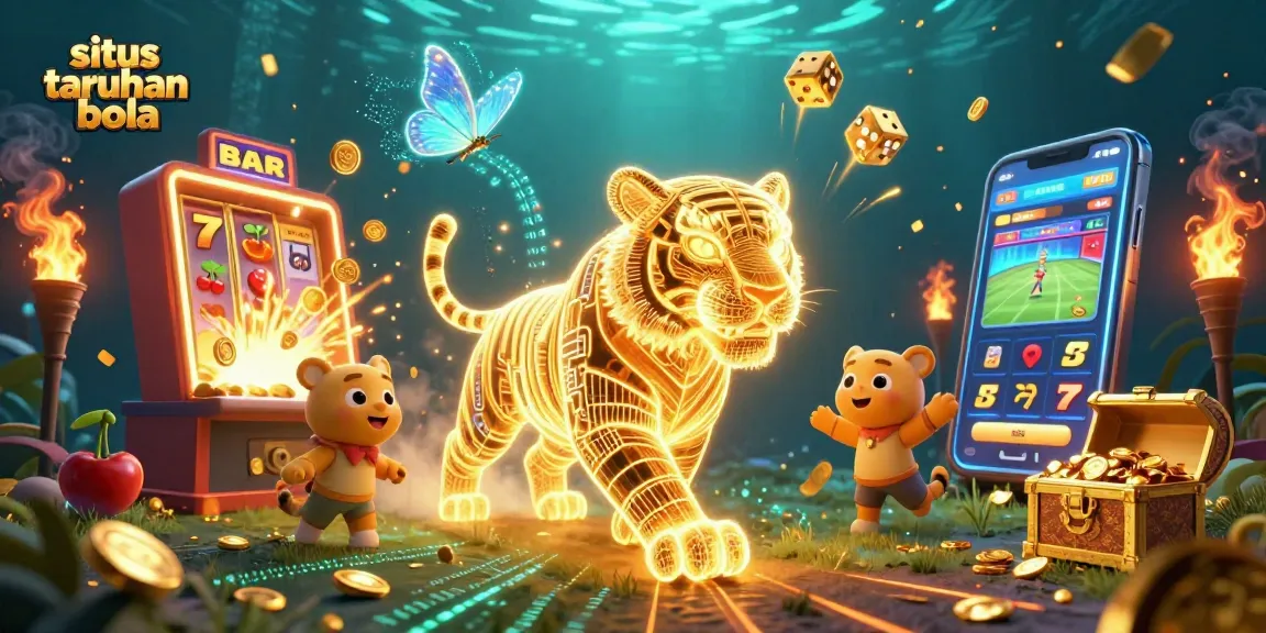 Situs taruhan bola scene with a neon golden tiger amidst dynamic sports betting action