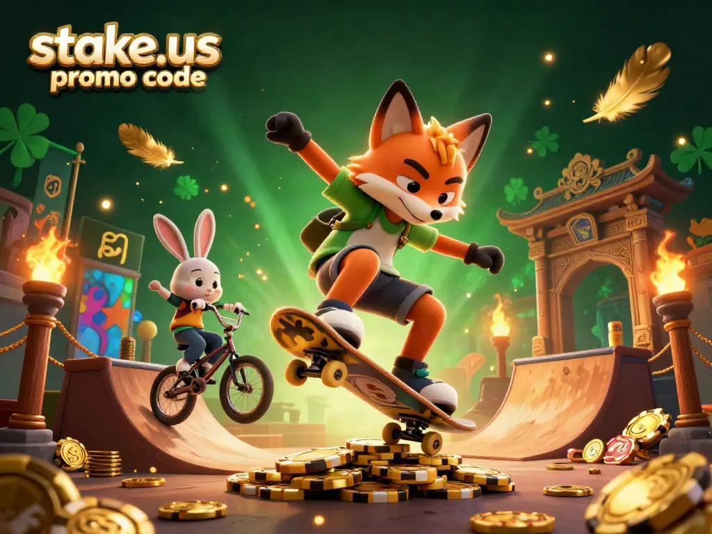 Claim exciting bonuses with stake.us promo code in a vibrant cartoon casino scene featuring thrilling characters.