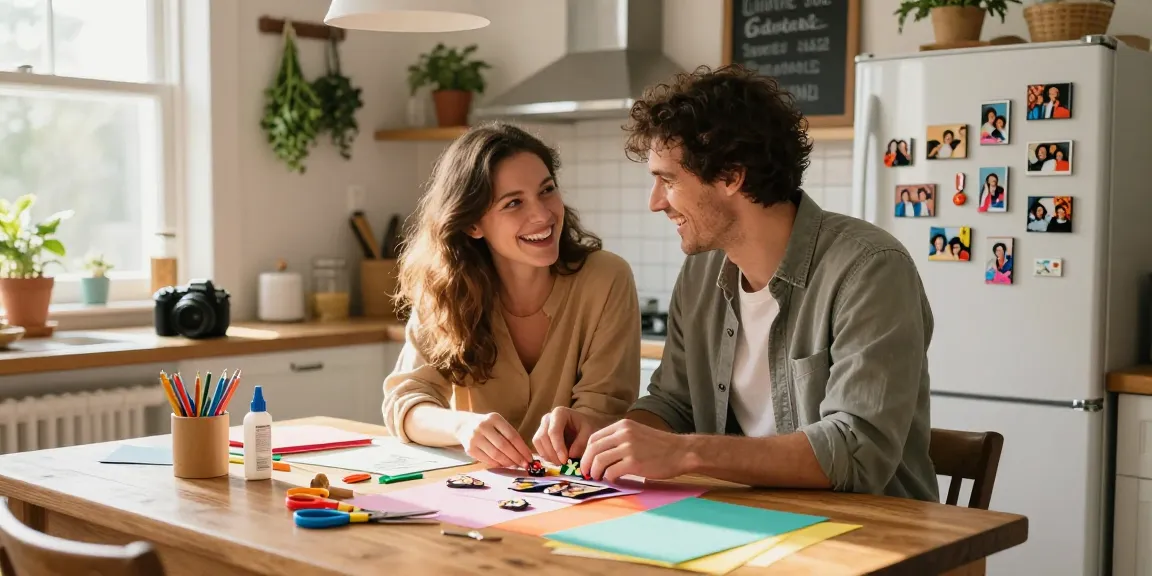 Couple joyfully creating fridge magnets from favorite photos in a bright kitchen
