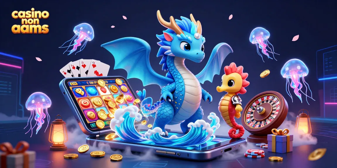 Scopri la magia dei casinò non AAMS con questa vivace illustrazione 3D che presenta un drago d'acqua e elementi di gioco.