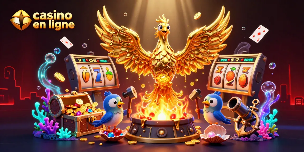Jouez au casino en ligne avec une illustration dynamique de phoenix doré flottant parmi des jetons d'or et des rouleaux.
