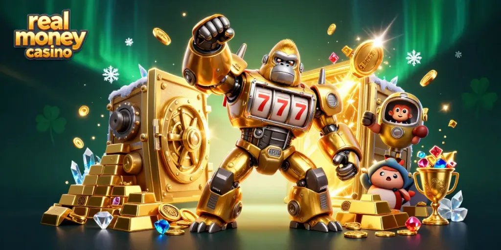 Experience the thrill of real money casino gaming with a golden gorilla mech amid treasures and excitement.
