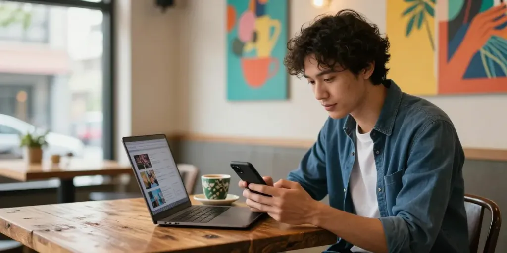 Engaging urban lifestyle moment featuring rokok88 in a vibrant café setting, showcasing online community interaction.