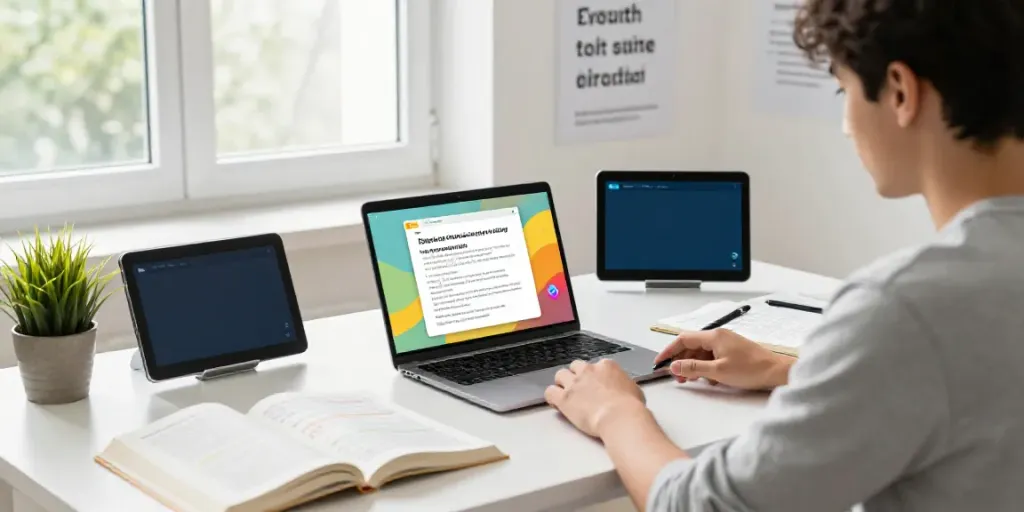 Situs toto online learning environment with student engaged in interactive English course.