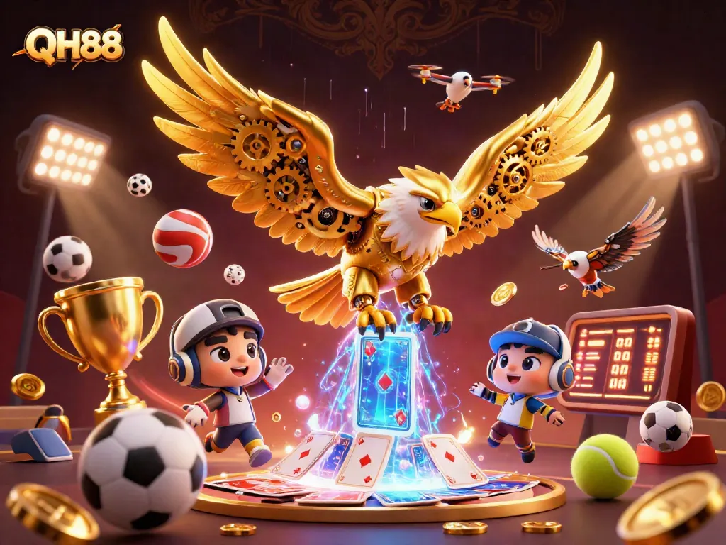 QH88 showcases thrilling sports betting action with holographic playing cards and competitive sports elements.