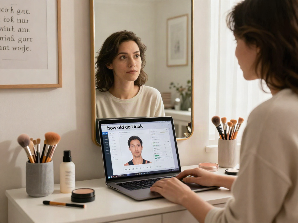 Person exploring how old do I look at a trendy home vanity with skincare products.