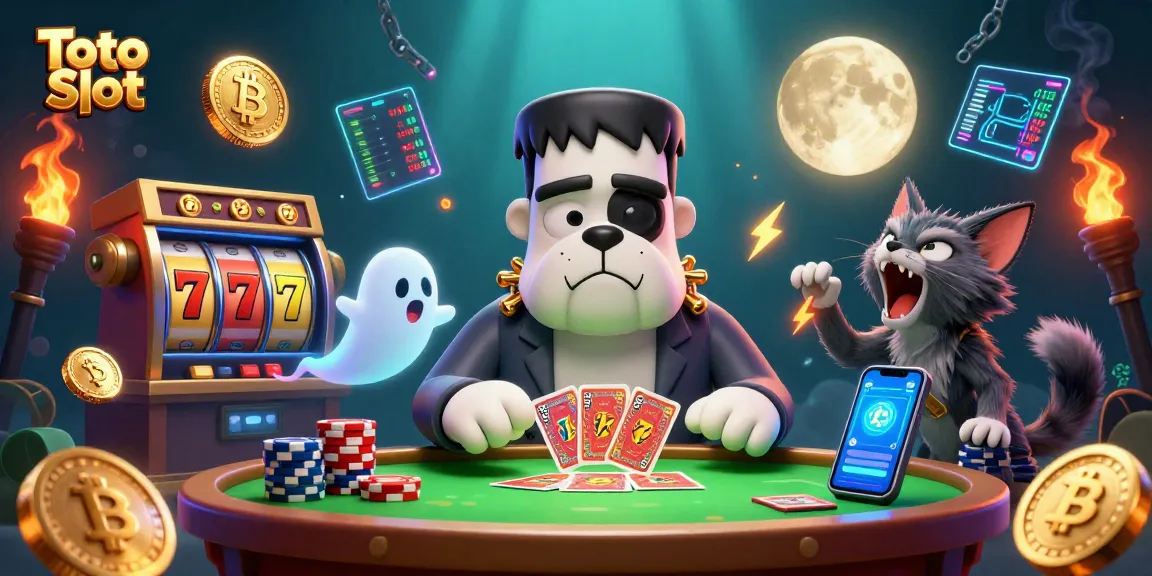 Jelajahi permainan Toto Slot dengan grafis menarik dari monster bulldog dan elemen kasino lainnya.
