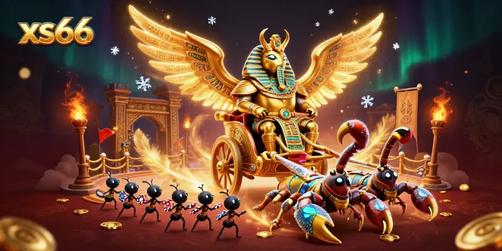 Engage in dynamic gaming with xs66, featuring a Pharaoh-themed chariot scene with poker chips and golden elements.