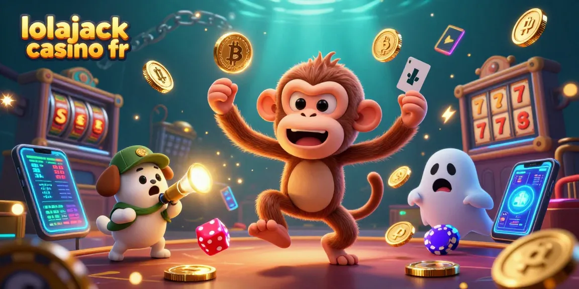 Engage with lolajack casino fr's vibrant 3D gaming scene featuring juggler monkey and ghost-hunter puppy.