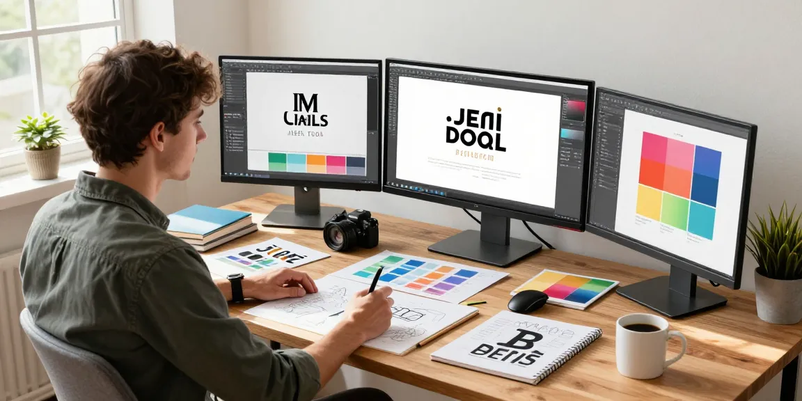 Grafik freelancer, ekspert od logo, kreatywne biuro z narzędziami i projektami.