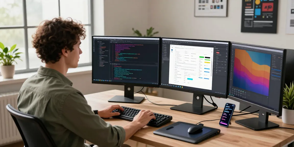 Developer using Snipaste in a dynamic workspace, showcasing productivity with code and design on dual screens.