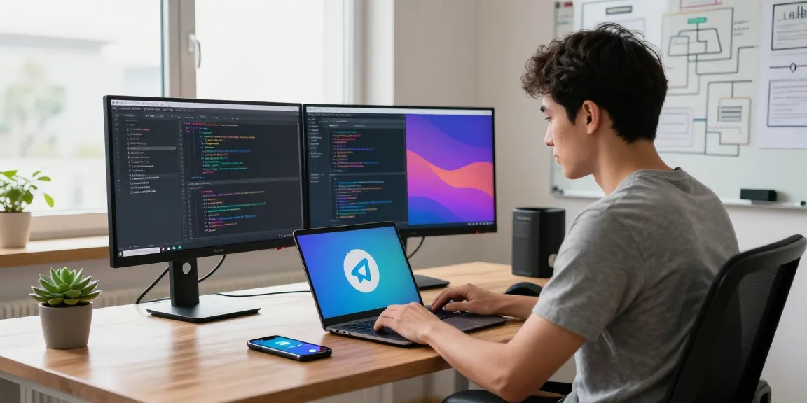 Downloading the telegram china apk on a sleek laptop in a modern home office, with vibrant interface references and tech-oriented decor.
