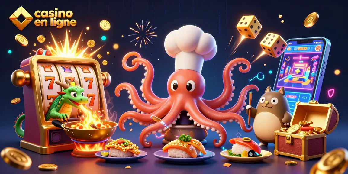 Un chef sushi pieuvre préparant des plats dorés dans un casino en ligne vibrant et dynamique.