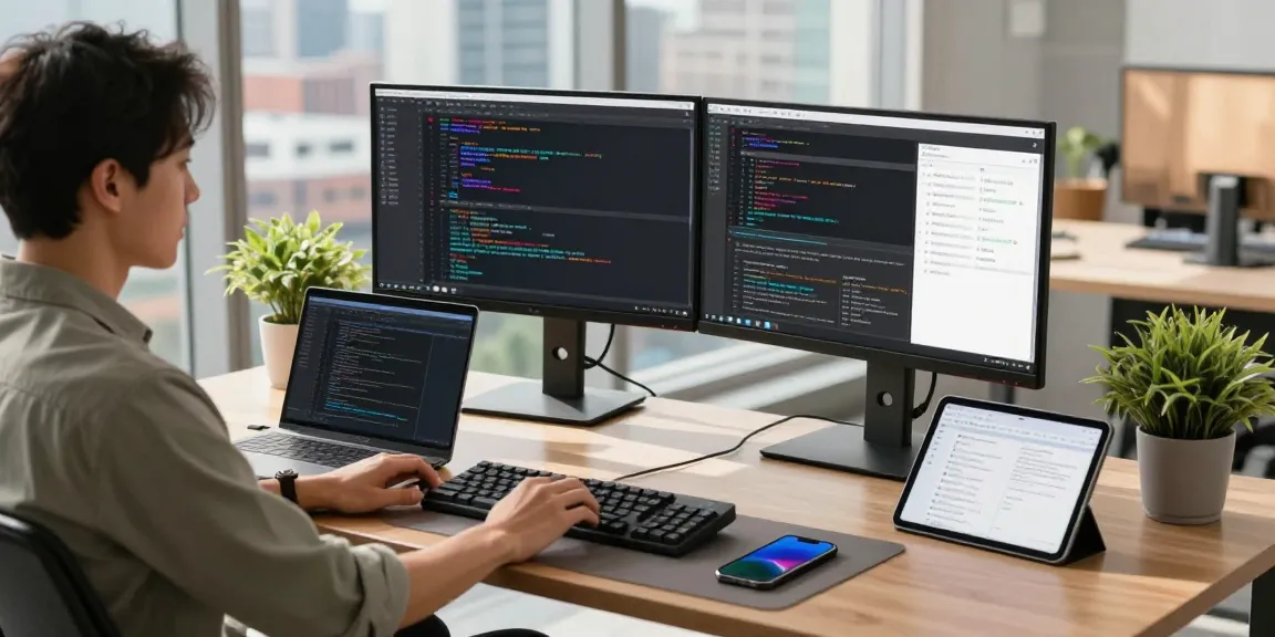 Workspace illustrating the features of 纸飞机中文版 with a developer coding and modern tech elements.