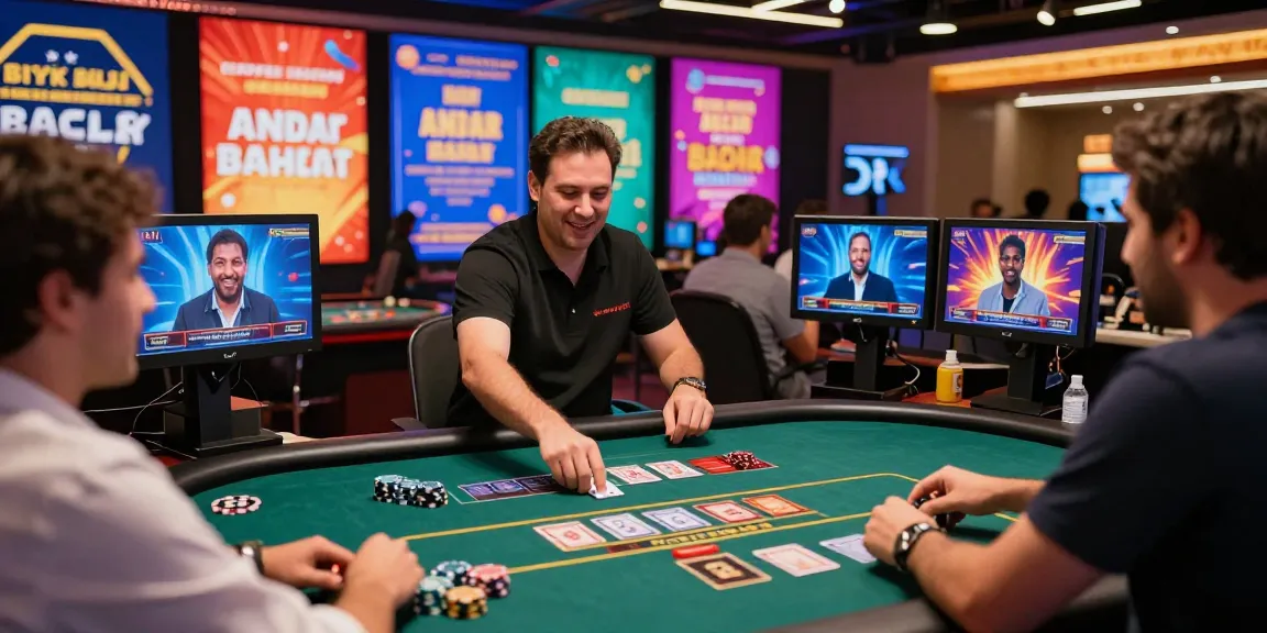 Live Andar Bahar game showcasing vibrant casino atmosphere, real dealers engaging with players.