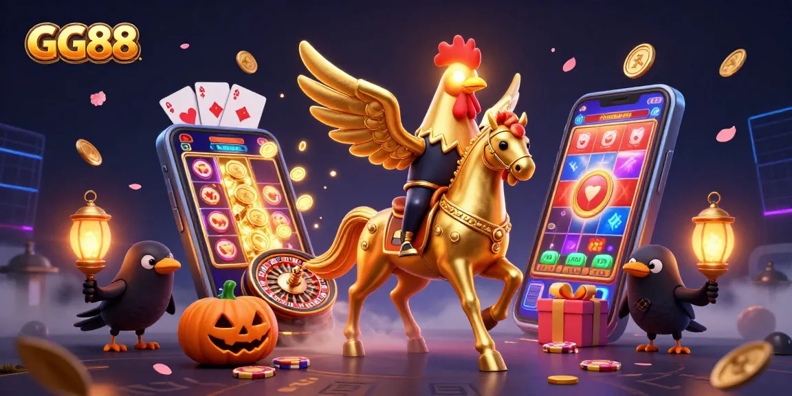 Spin and win at GG88 with a vibrant casino scene featuring a golden rooster and dynamic slot games.
